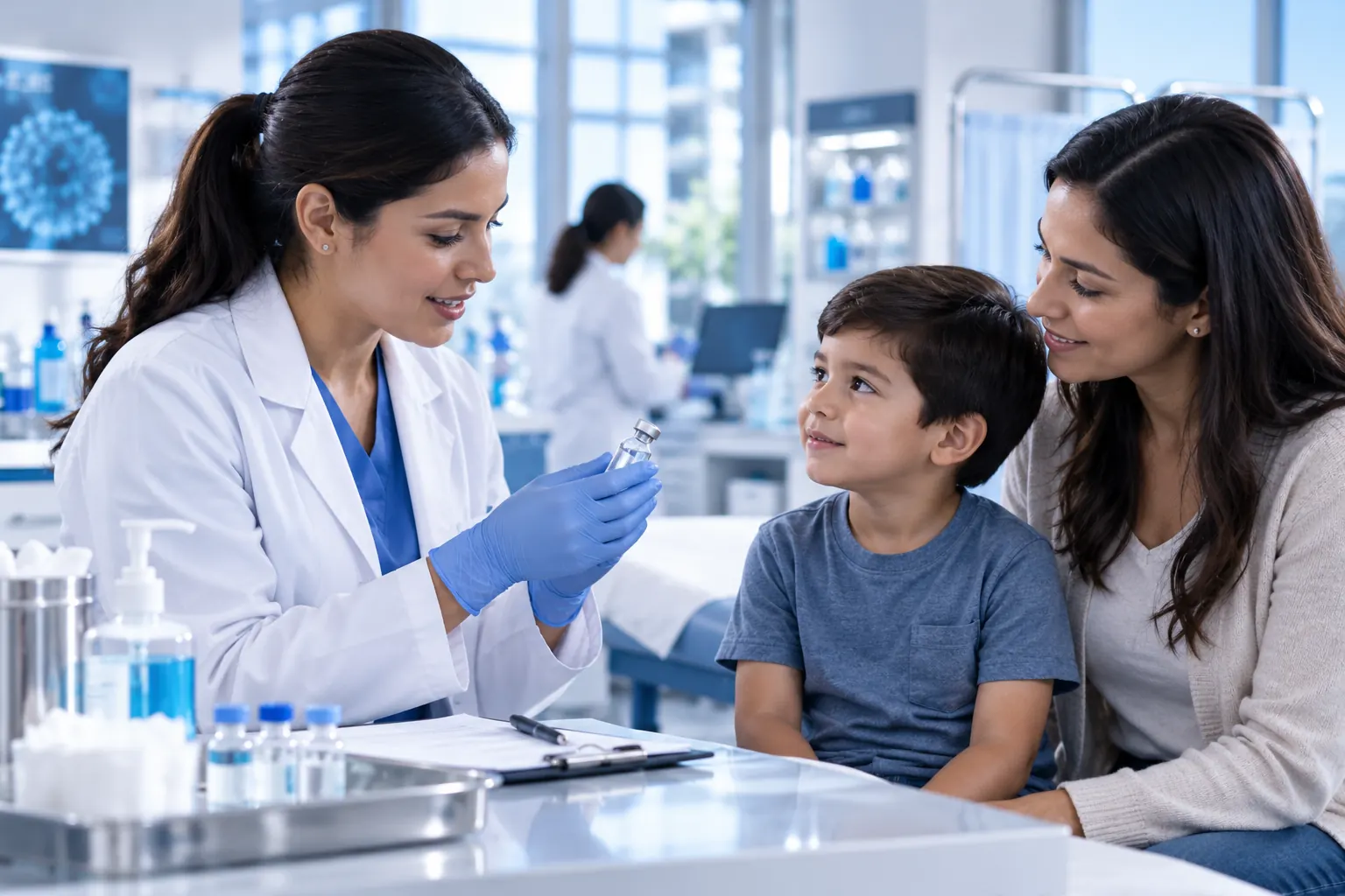 Profesional de la salud atiende a un paciente pediátrico acompañado de su madre