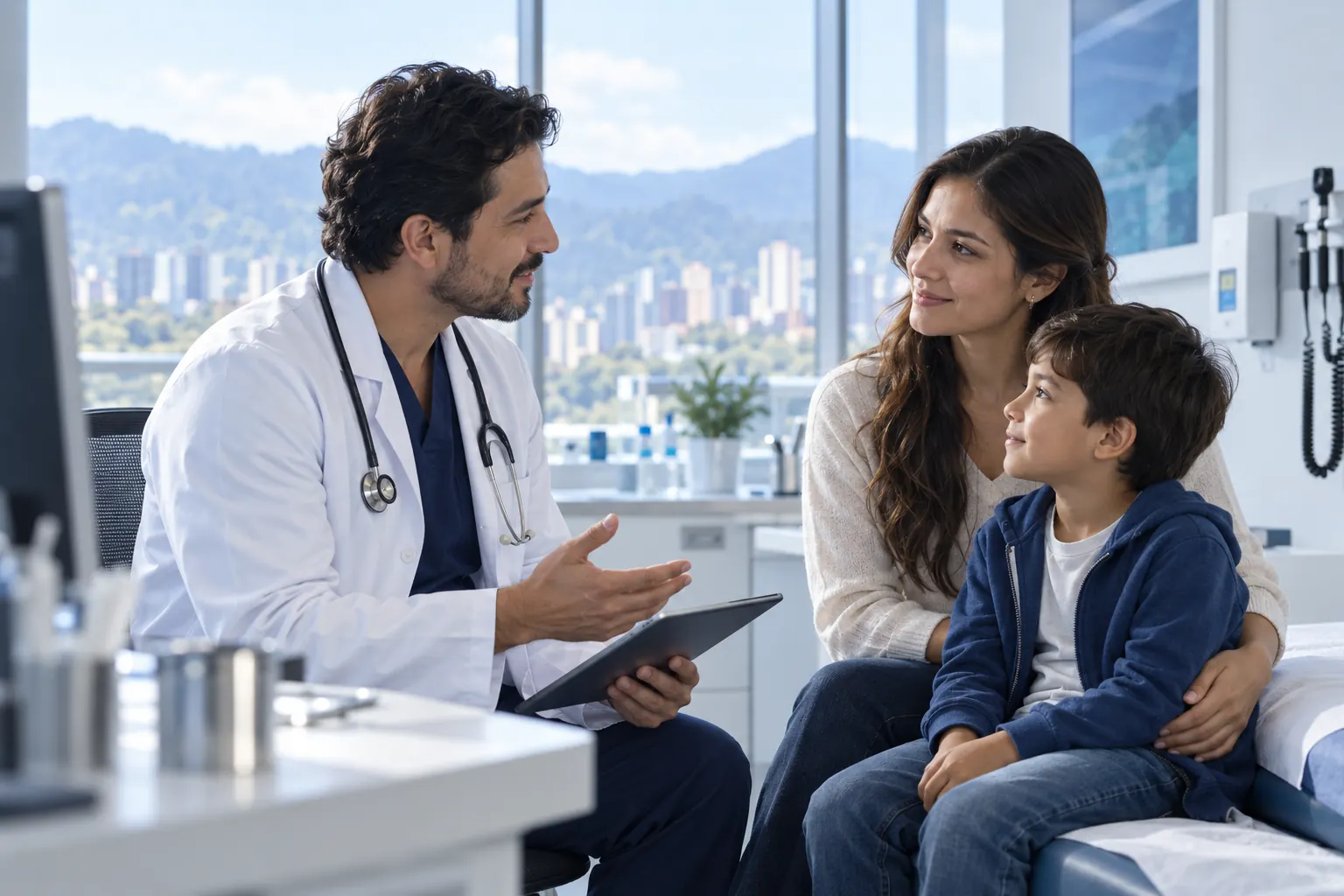 Profesional de la salud conversa con una madre y su hijo en consulta