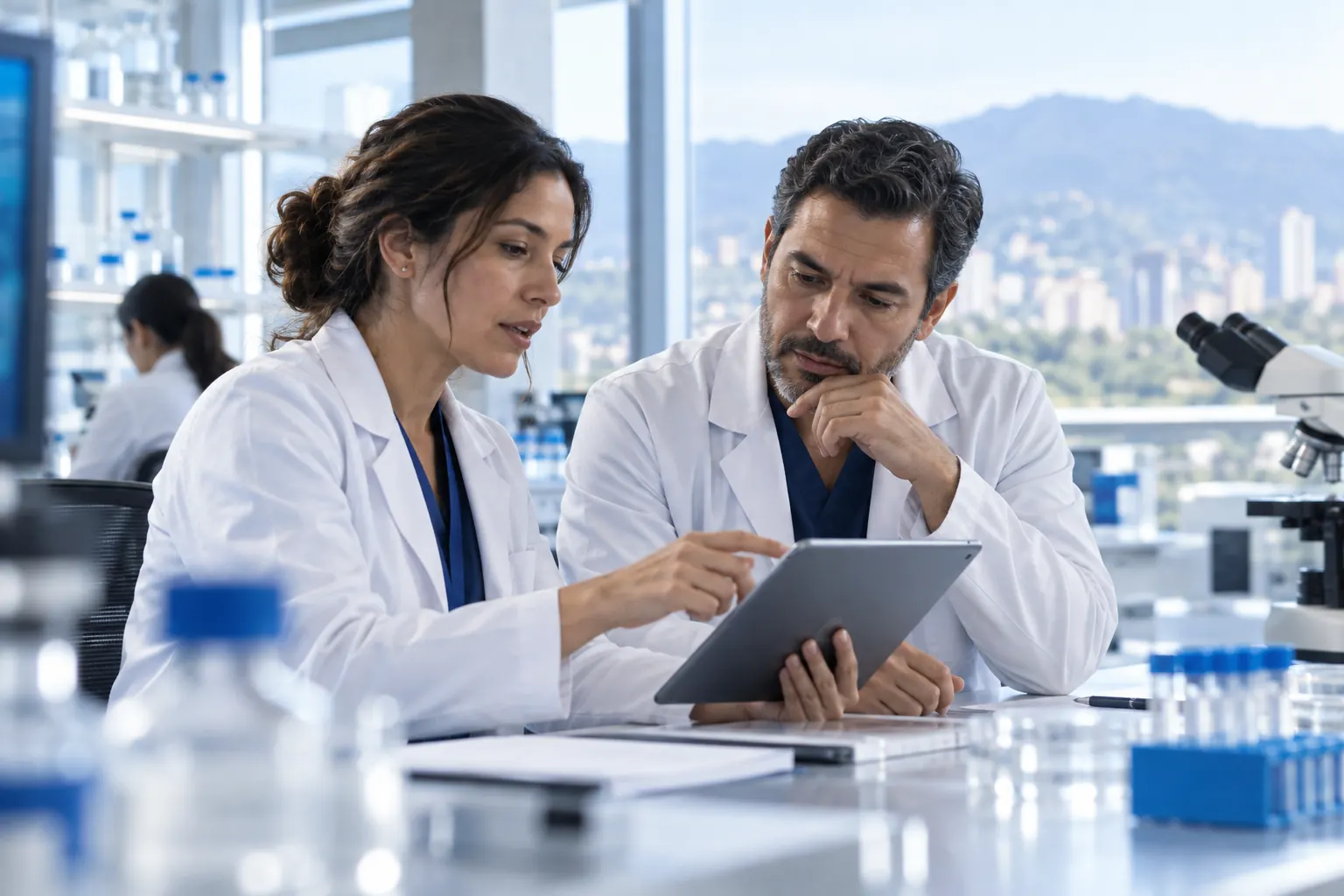 Dos profesionales revisan información en un laboratorio